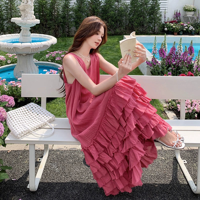 【ワンピース】夏 韓国系 気質 ケーキスカート フィリピンピンク ノースリーブ ワンピース