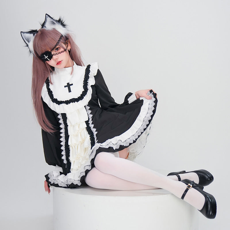 【ハロウィン】ゴシック 十字架 シスター服 ロリータ ブラック＆ホワイト ワンピース ドレス プリンセス チュールスカート