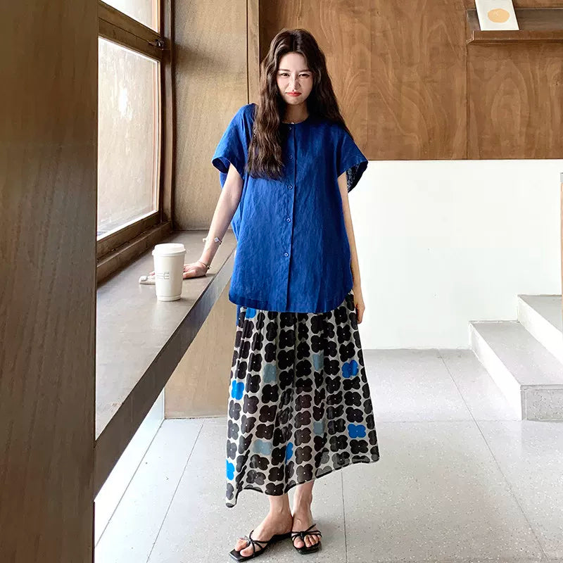 純色優雅短袖上衣＋印花半身裙兩件套｜氣質套裝【SH系列】