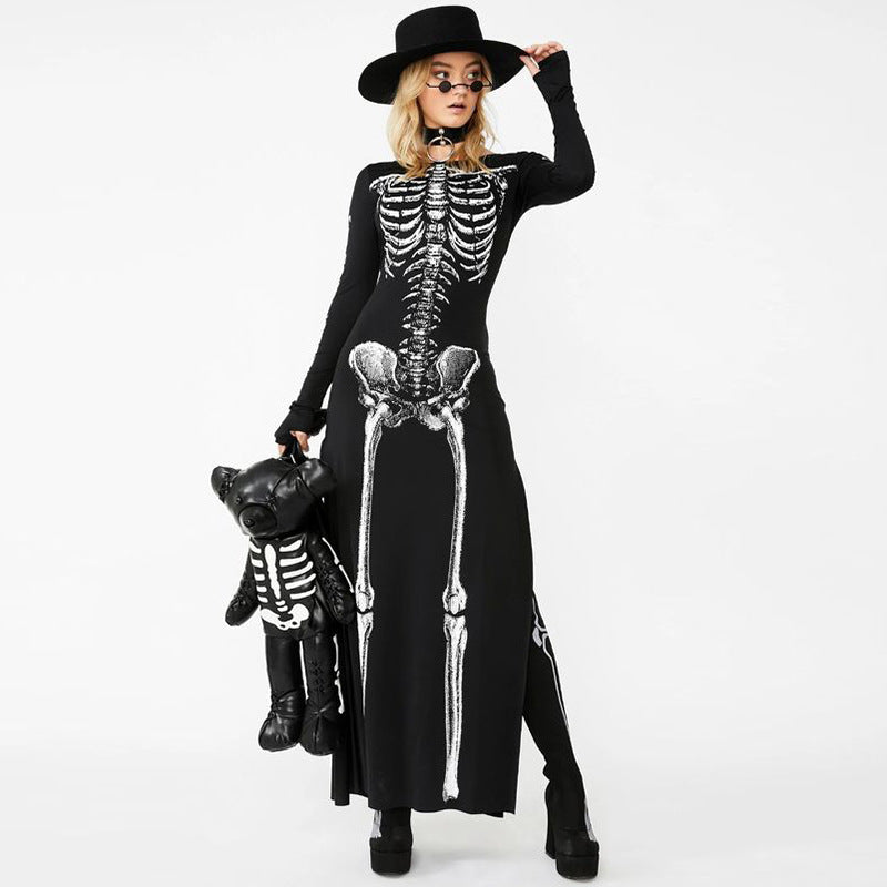 【ハロウィン】新作 個性 セクシー ロングワンピース コスプレ プリント スカル柄