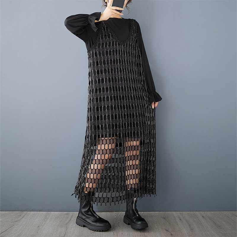 【ワンピース】デザイン感 シルバーラメ メッシュ ベストワンピース＋無地 長袖Tシャツ 2点セット ゆったり【AHシリーズ】