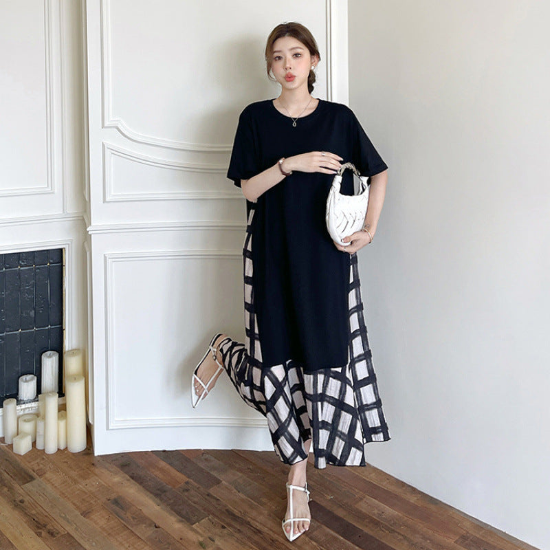 【ワンピース】☀️夏 新作 大きいサイズ レディース チェック柄 重ね着風 半袖ワンピース ゆったり 体型カバー【SHシリーズ】