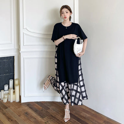 【ワンピース】☀️夏 新作 大きいサイズ レディース チェック柄 重ね着風 半袖ワンピース ゆったり 体型カバー【SHシリーズ】