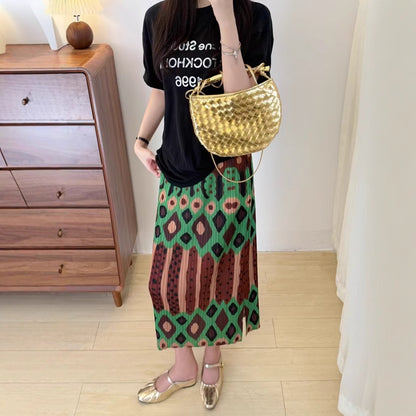 【ボトムス】プリーツカフェグリーン レトロプリント 高ウエスト着痩せスカート【SHシリーズ】