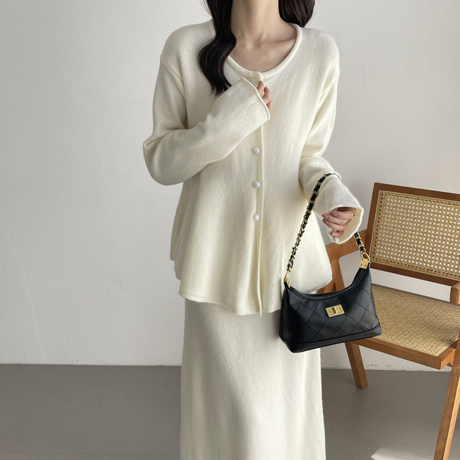 【セットアップ】春 秋 冬 ニットカーディガン + フロア丈 ロングスカート 2点上下セット 【SNシリーズ】