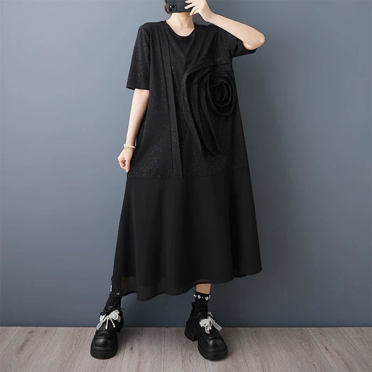 【ワンピース】立体フラワー切替 半袖ワンピース レディース 夏 ゆったり 大きいサイズ 体型カバー 着痩せ きれいめ ロングワンピース【AHシリーズ】