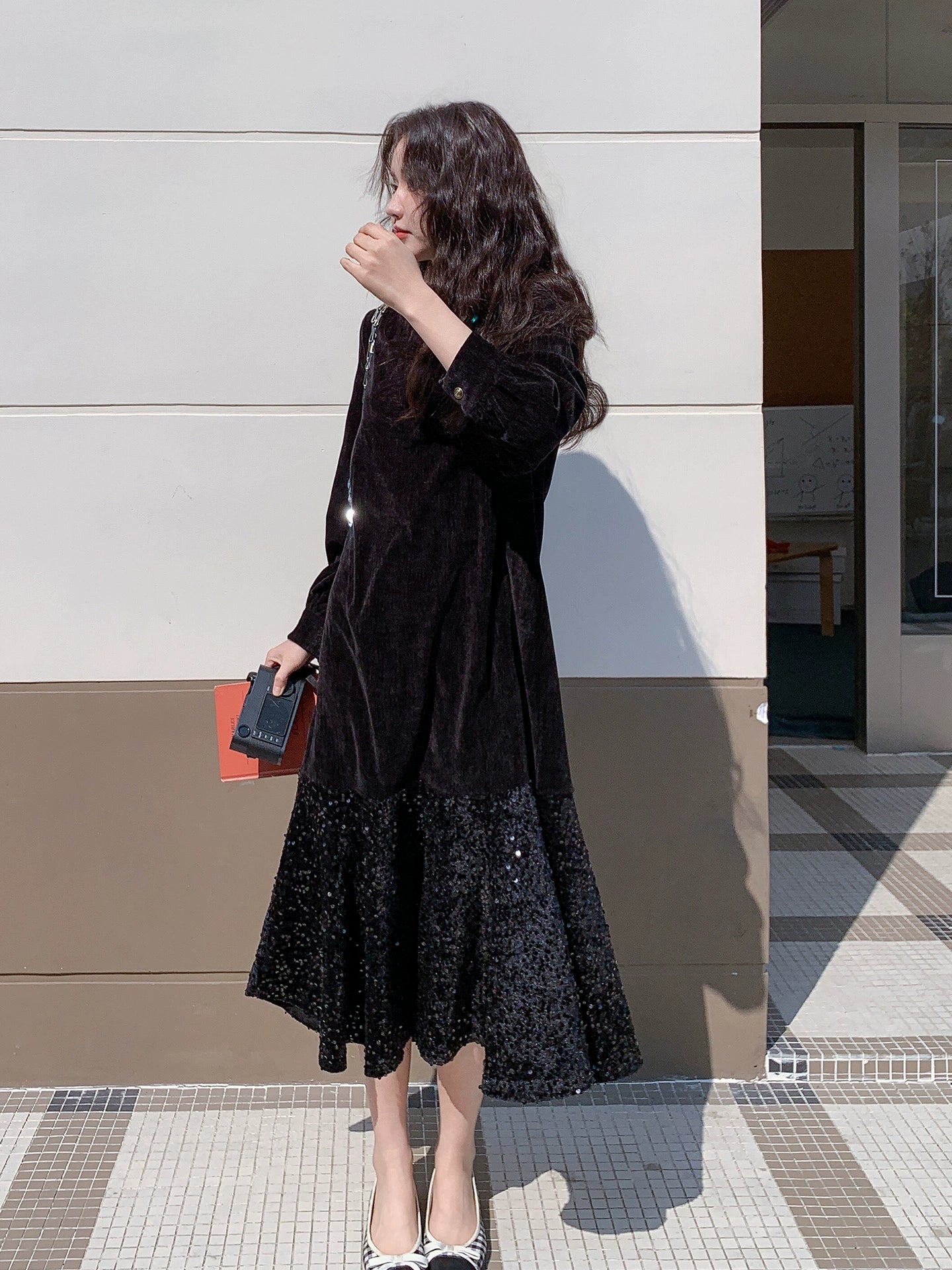 【ワンピース】オードリー風 ベロア 春 秋 冬 スパンコール 長袖 ワンピース【JZシリーズ】