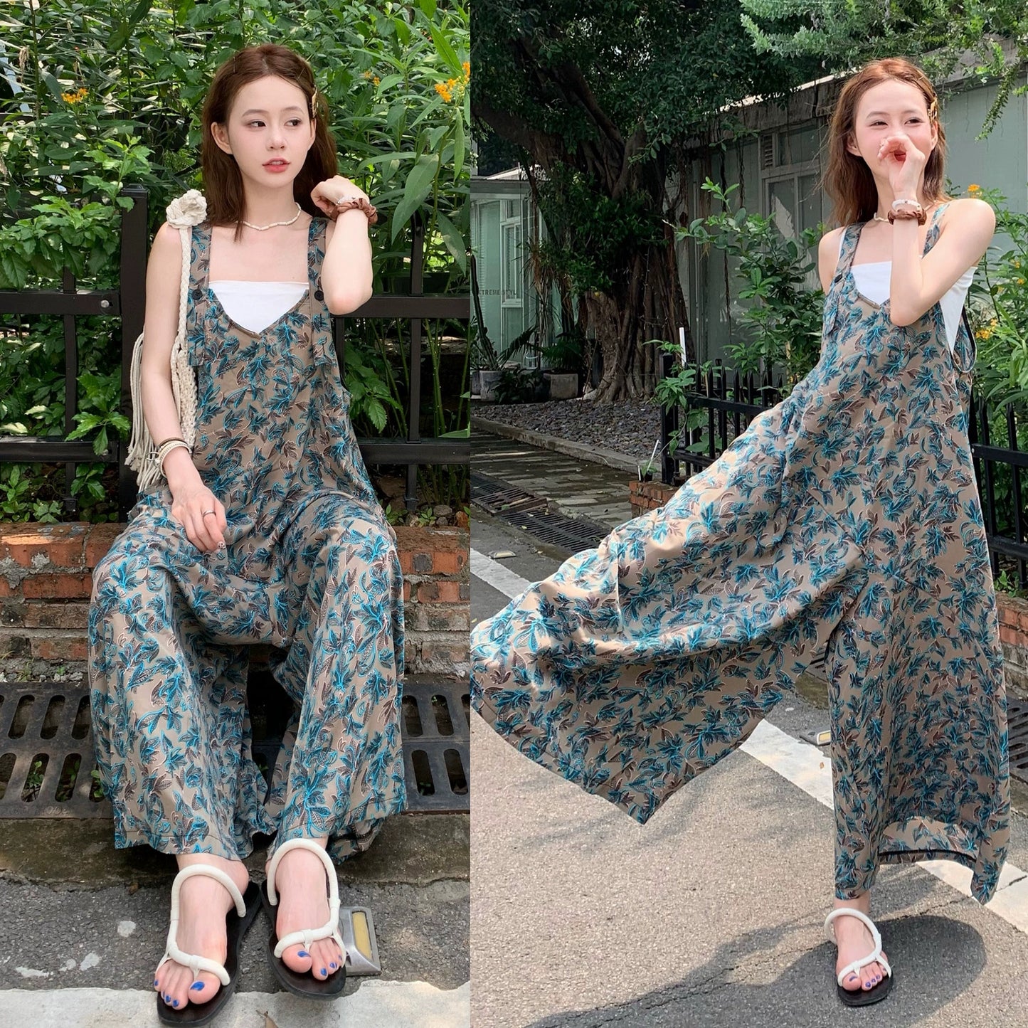 【ボトムス】夏新作 ナチュラルムード 青草プリント オーバーサイズサロペット ゆる感 オールインワン【SHシリーズ】