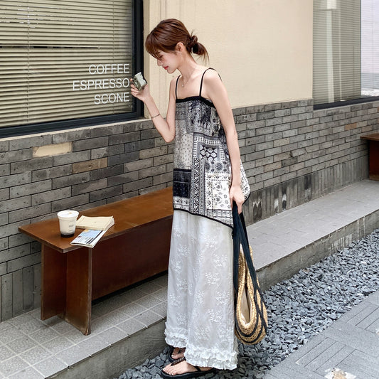 2点セット！【セットアップ】デザイン性抜群！エスニック風 花柄キャミ＋刺繍ワイドパンツ上下セット 小洒落感たっぷり【SHシリーズ】