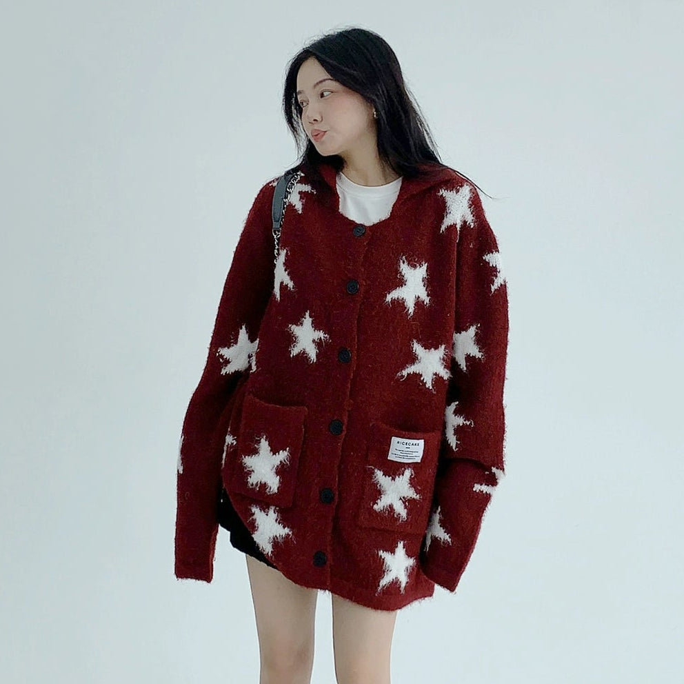 【アウター】韓国風 レトロ 星柄 合わせやすい oversize ニットセーター ジャケット【FCシリーズ】