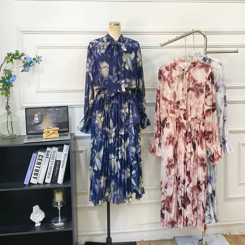 期間限定⭐️60%OFF【ワンピース】リボン付き シフォン ハイウエスト 小花柄 長袖 ワンピース 【SHシリーズ】