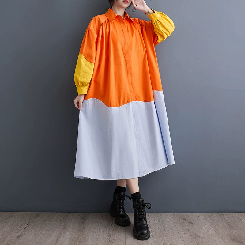 60%OFF⭐️期間限定【ワンピース】韓国風 カジュアル 配色 ランタンスリーブ ゆったり ミディ 春夏新作  長袖 シャツワンピース【JZシリーズ】