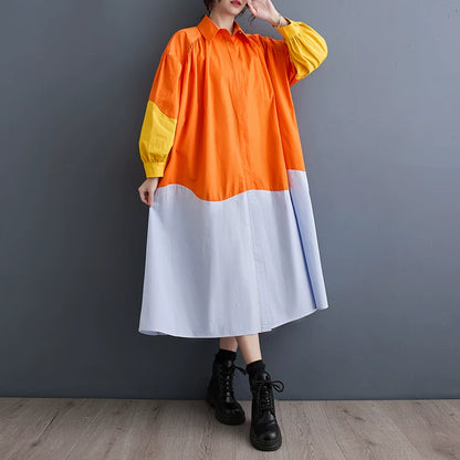 60%OFF⭐️期間限定【ワンピース】韓国風 カジュアル 配色 ランタンスリーブ ゆったり ミディ 春夏新作  長袖 シャツワンピース【JZシリーズ】