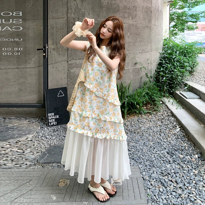 【ワンピース】夏 かわいい メッシュ切替 ゆったり ノースリーブ フラワーワンピース【SHシリーズ】