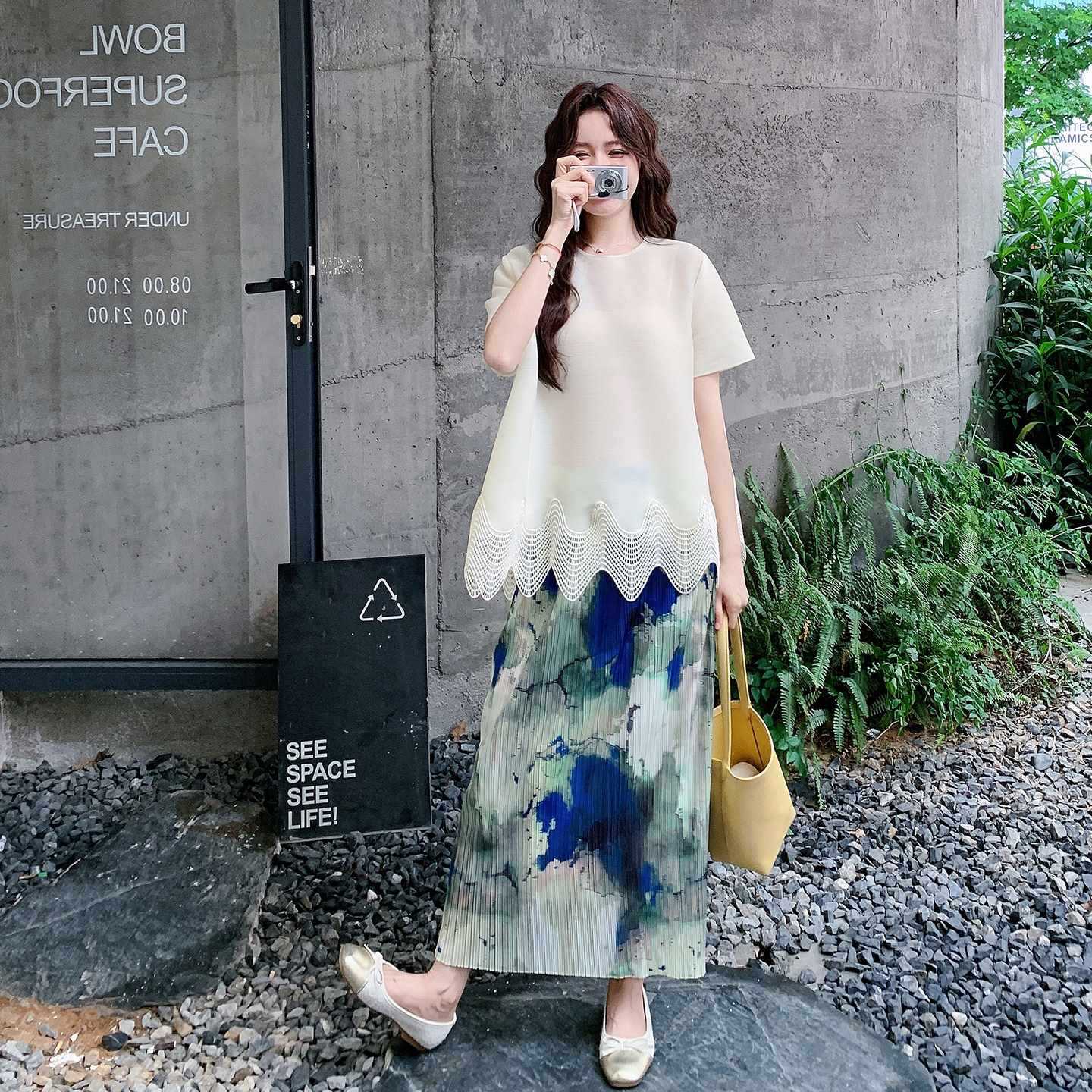 2点セット！【セットアップ】夏 体型カバー ゆったり トップス＋プリーツ スカート 上下セット【SHシリーズ】