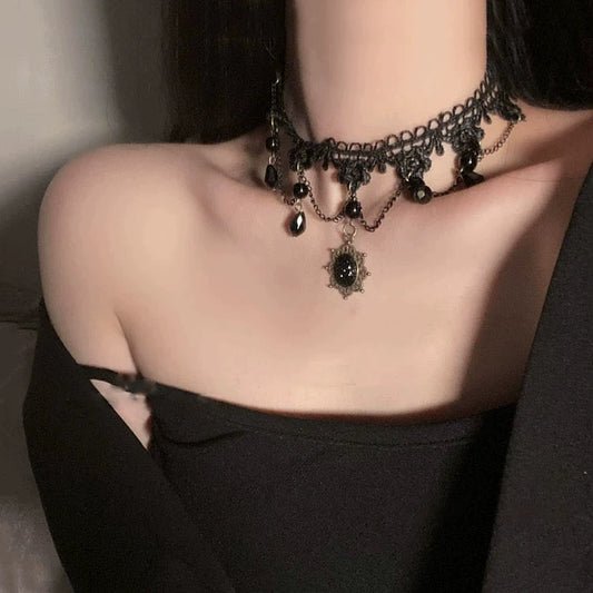 【ハロウィン】ダークプリンセス風 レース フリンジチョーカー ゴシック ロリータ 黒 ネックレス