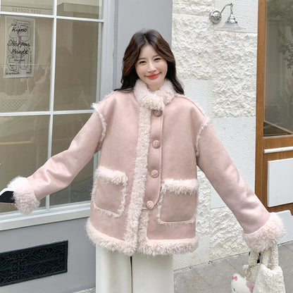 【アウター】甘め フェイクムートン厚手保温アウター 2025冬 若見え 防風 ハイネック ボアトップス レディース【JZシリーズ】