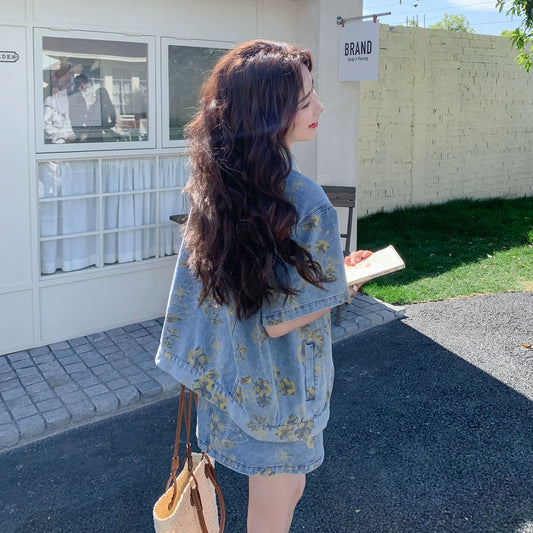 2点セット【セットアップ】超かわいい花柄デニムジャケット＋スカート 上下セット レディーストレンド感たっぷり【SHシリーズ】