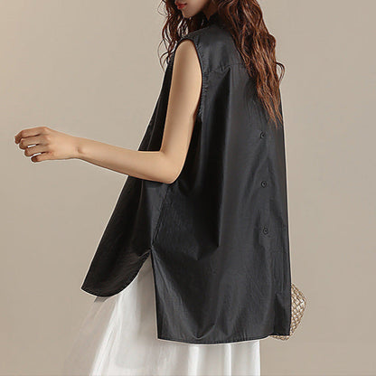 【トップス】夏 前後着用可能 ノースリーブ スタンドネック シャツ