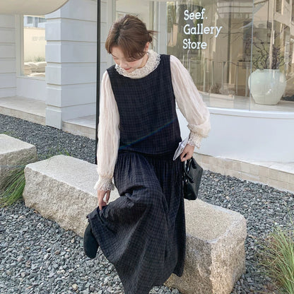 【セットアップ】ベストワンピース×レース切替シャツ セットアップ 韓国シック 上品【JZシリーズ】