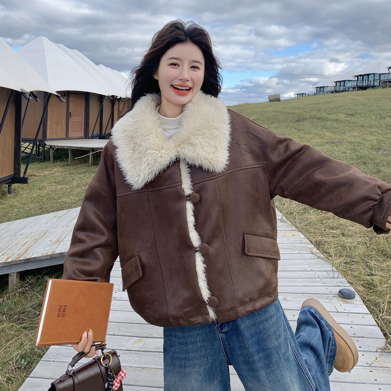 【アウター】おしゃれ キャメル色 大きめファー付きショートダウンコート 2025冬 アメリカンヴィンテージ風 小柄向け 厚手 保温コート レディース【JZシリーズ】