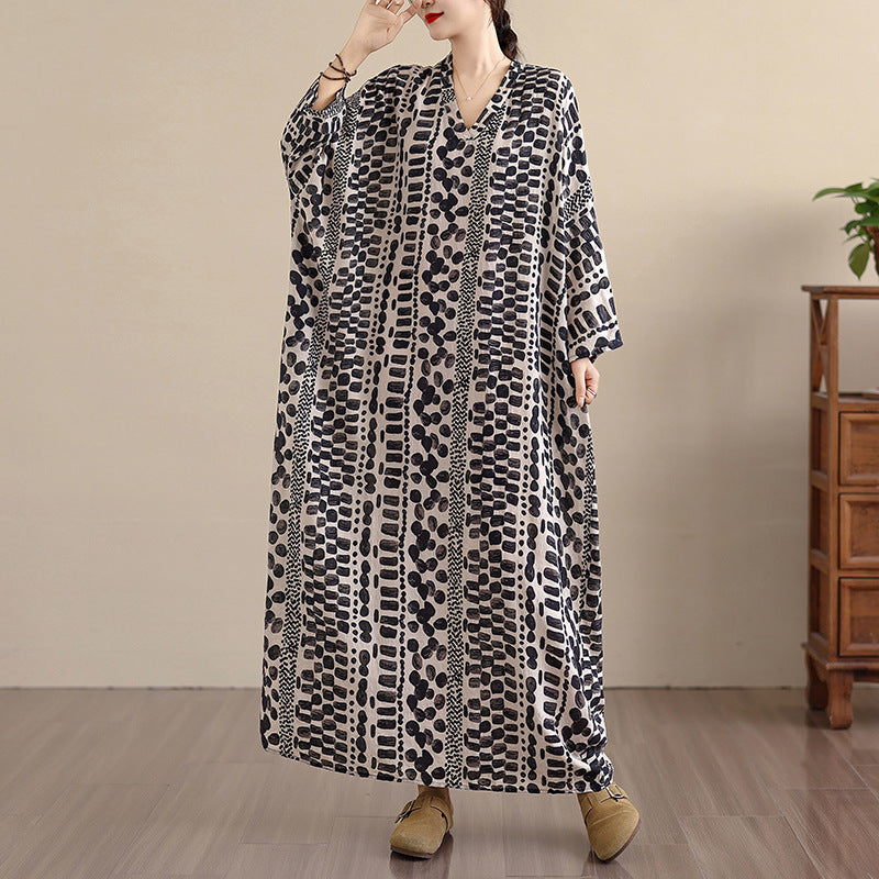 期間限定🍂60%OFF【ワンピース】レトロ花柄Vネックロングワンピース レディース 初秋新作 大きいサイズ リゾート 体型カバー シンプル【SHシリーズ】