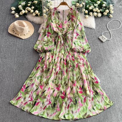 【ワンピース】Vネック ランタンスリーブ ウエストマーク プリーツ加工 花柄 フレア ロングワンピース レディース【SHシリーズ】