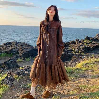 【ワンピース】デザイン性 レトロ メイラード  レース 切り替えし 着痩せ 長袖ワンピース【JZシリーズ】