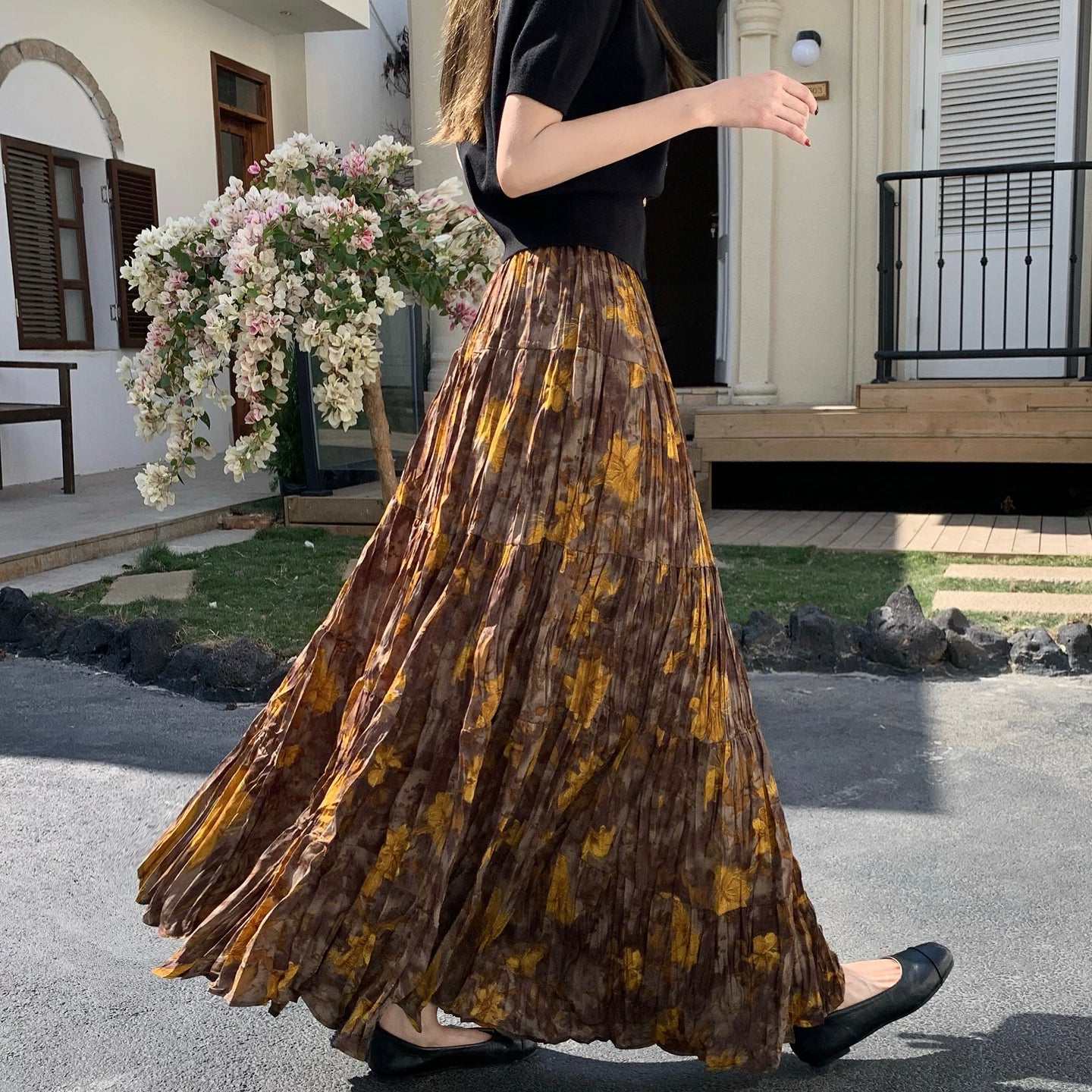 【ボトムス】プリーツ＆花柄 スカート レディース ポケット付き Aライン フレア ミディ丈 ケーキスカート【SHシリーズ】