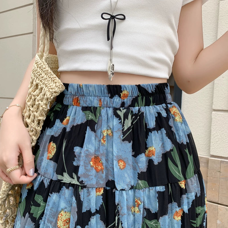 【ボトムス】夏 ヒップカバー ハイウエスト Aライン フラワープリント シフォンスカート【SHシリーズ】