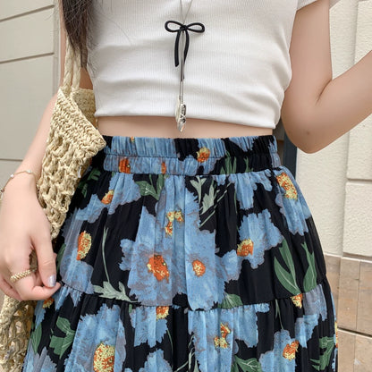 【ボトムス】夏 ヒップカバー ハイウエスト Aライン フラワープリント シフォンスカート【SHシリーズ】