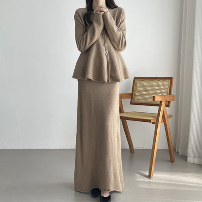 【セットアップ】春 秋 冬 ニットカーディガン + フロア丈 ロングスカート 2点上下セット 【SNシリーズ】
