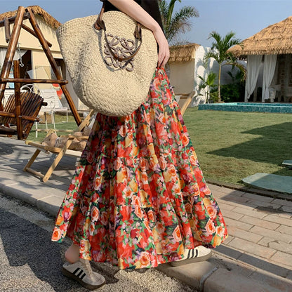 【ボトムス】夏新作 超人気 クロスカバー 大Aライン シフォン花柄 ロングスカート【SHシリーズ】