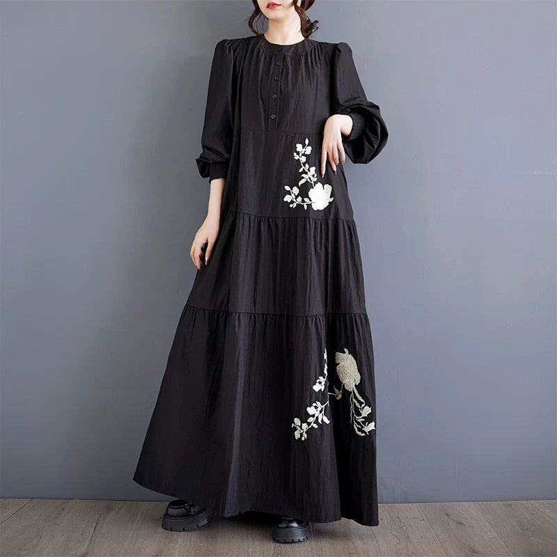 【60%OFF⭐️早い者勝ち】【ワンピース】立ち襟 花刺繍 レイヤード風 切替 長袖 ミディワンピース レディース【SHシリーズ】