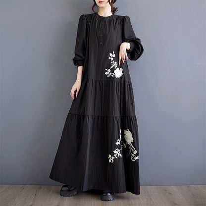 【60%OFF⭐️早い者勝ち】【ワンピース】立ち襟 花刺繍 レイヤード風 切替 長袖 ミディワンピース レディース【SHシリーズ】