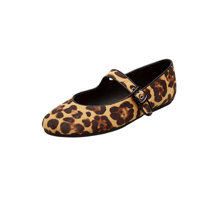 【シューズ】春夏新作 / ラウンドトゥ ワンストラップ ヒョウ柄 フラット マリージェン パンプス