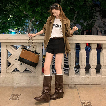 【シューズ】春 秋 冬ストラップ付き くしゅくしゅデザイン パンツインブーツ 【JZシリーズ】