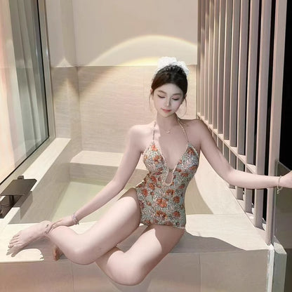 【グッズ】夏 花柄 ホルターネック ワンピース水着 リゾート・温泉・ビーチ用 レディース水着 【SHシリーズ】