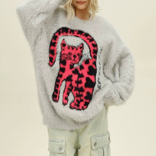 【トップス】レトロ 豹柄 猫 ゆったり ラウンドネック ニットセーター【FCシリーズ】