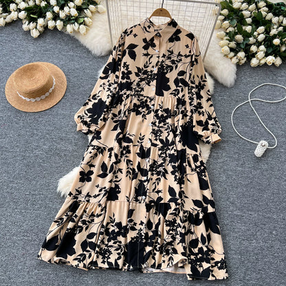 【60%OFF⭐️早い者勝ち】【ワンピース】プリント シングルボタン シャツ ロング丈 長袖 ワンピース 【SHシリーズ】