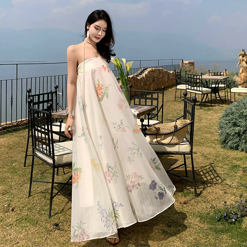 【ワンピース】プリント柄 ベアトップワンピース レディース 夏 リゾート風 ノースリーブ ロングワンピース ゆったり フェミニン【SHシリーズ】