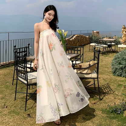 【ワンピース】プリント柄 ベアトップワンピース レディース 夏 リゾート風 ノースリーブ ロングワンピース ゆったり フェミニン【SHシリーズ】