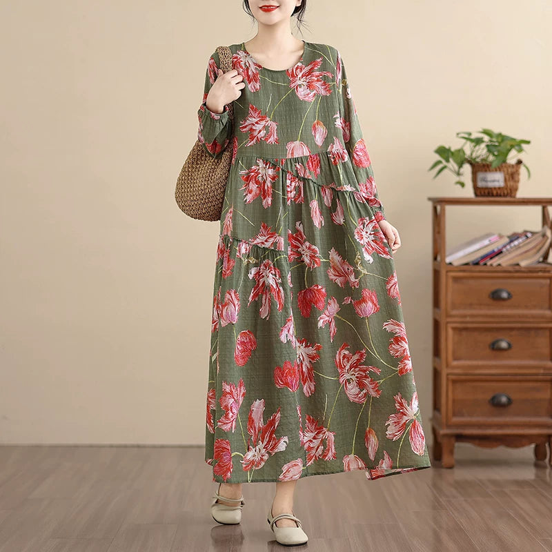 【60%OFF⭐️早い者勝ち】【ワンピース】レディース 長袖ワンピース リネンコットン ミディアム丈 大きめ フレア 花柄 フリル デザイン【SHシリーズ】