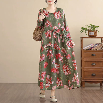 【60%OFF⭐️早い者勝ち】【ワンピース】レディース 長袖ワンピース リネンコットン ミディアム丈 大きめ フレア 花柄 フリル デザイン【SHシリーズ】