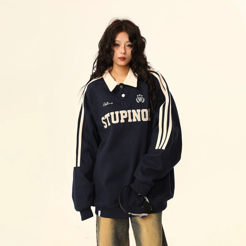 【トップス】ヴィンテージ ポロカラー スウェット レディース ゆったり カジュアル ユニセックスペアコーデ パーカー【FCシリーズ】