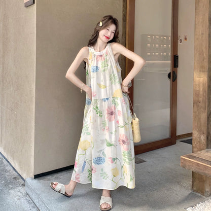 【ワンピース】フレンチレトロ花柄ホルターネックワンピース レディース リゾート風 ロング丈 プリント 夏ワンピース【SHシリーズ】