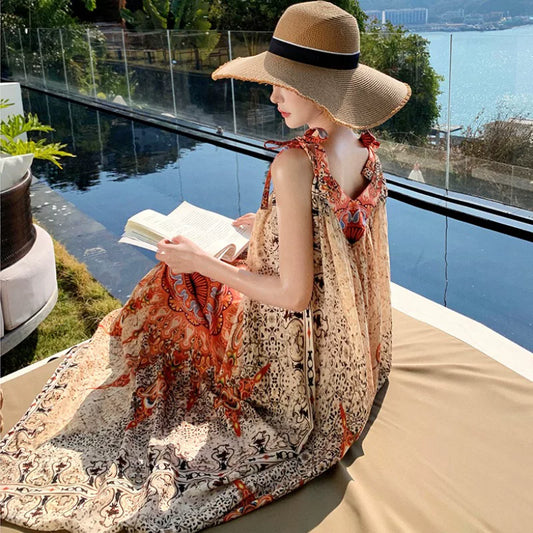 【ワンピース】ボヘミアン風 キャミワンピース レディース 夏 リゾートワンピース ロング丈 ノースリーブ 大人可愛い 海コーデ【SHシリーズ】