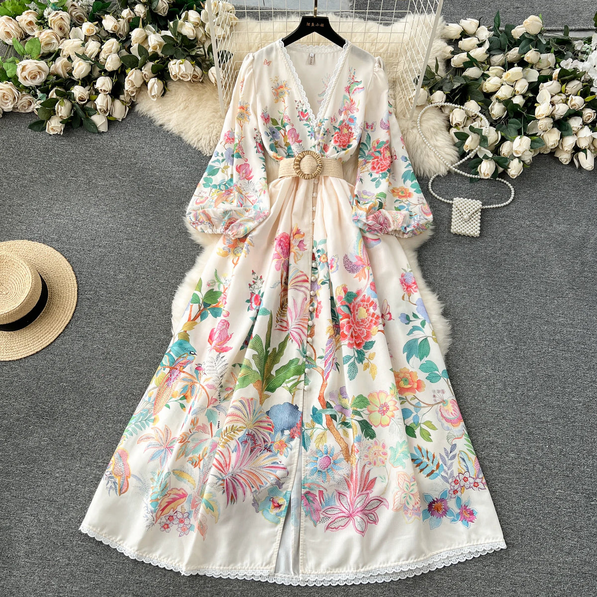 5柄展開🎨【ワンピース】レースフリル花柄ワンピース レディース 春新作 Vネック ボタン付き フィットシルエット フレンチ風【SHシリーズ】