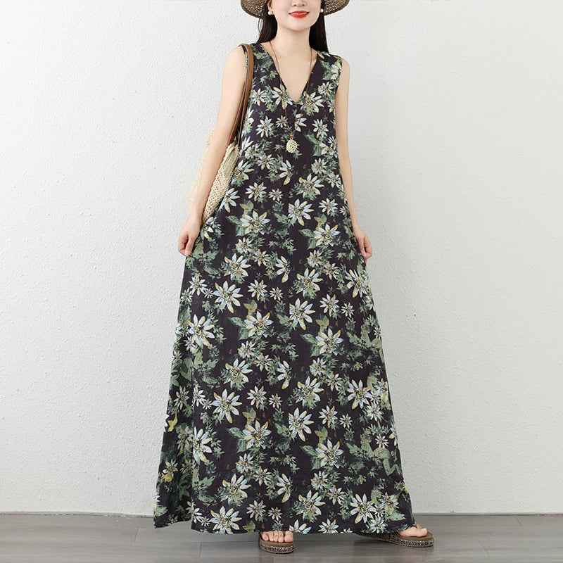 期間限定⭐️60%OFF【ワンピース】ミニマル Vネック ワンピース レディース ノースリーブ 夏 リネンコットン 花柄 ロング ゆったり ナチュラル【SHシリーズ】