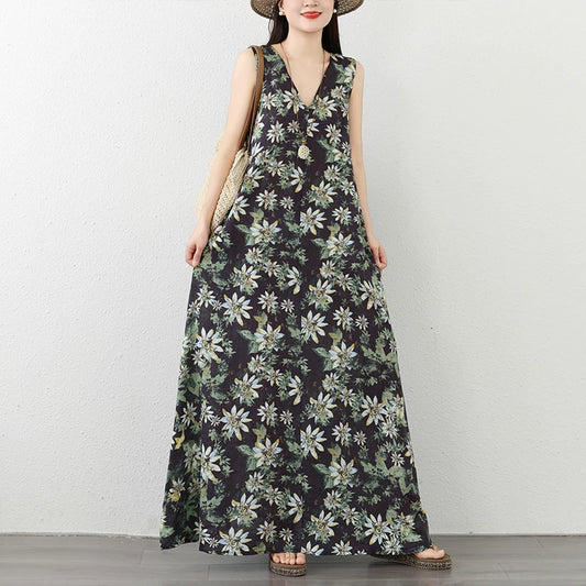 【ワンピース】ミニマル Vネック ワンピース レディース ノースリーブ 夏 リネンコットン 花柄 ロング ゆったり ナチュラル【SHシリーズ】